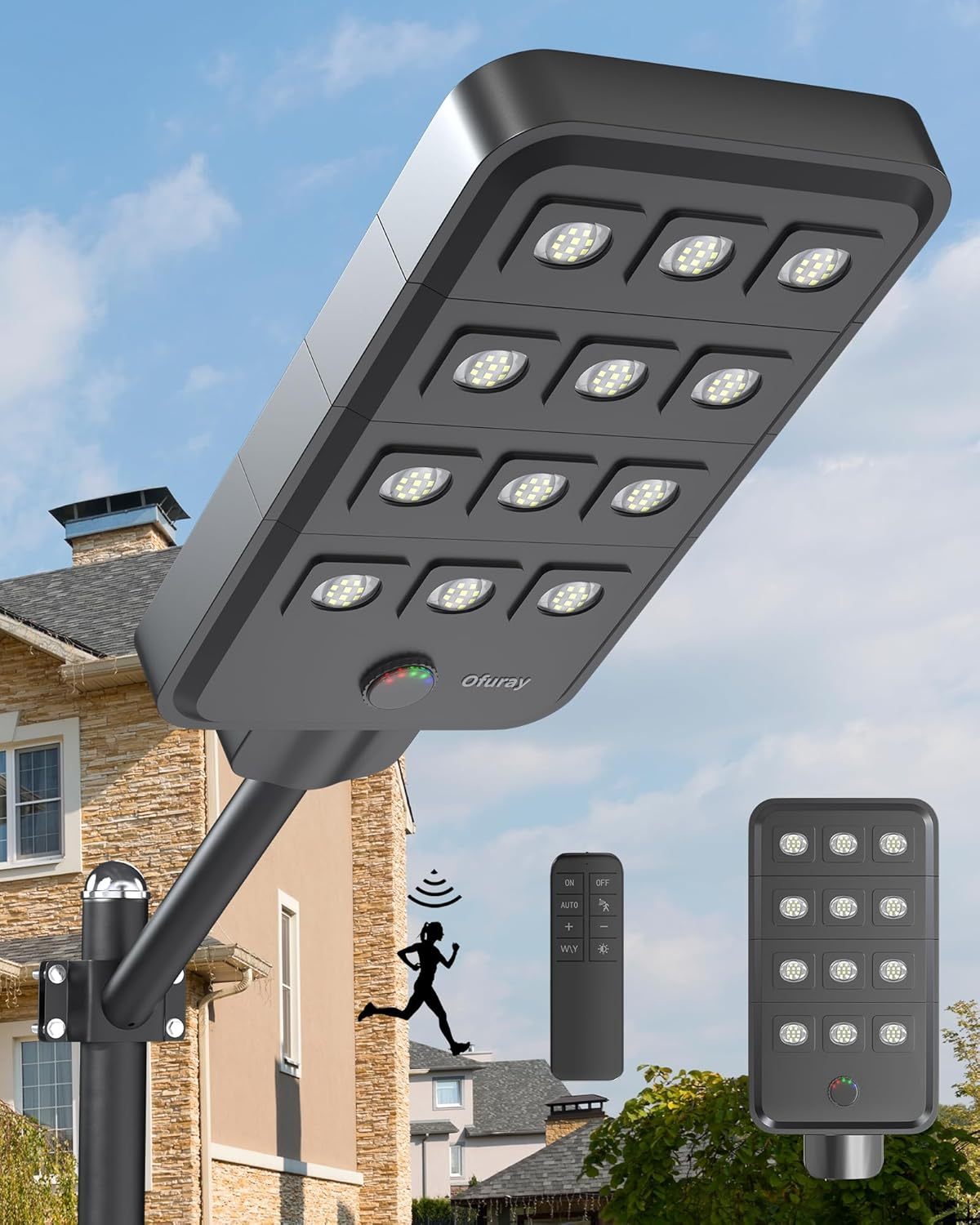 Ofuray Of-12600W Farolas Solares Exteriores con Sensor de Movimiento, 120 Leds, 6500K, IP67 Impermeable Focos Led Exterior Solare, Farola Potente Para Jardin, Patio, Garajes