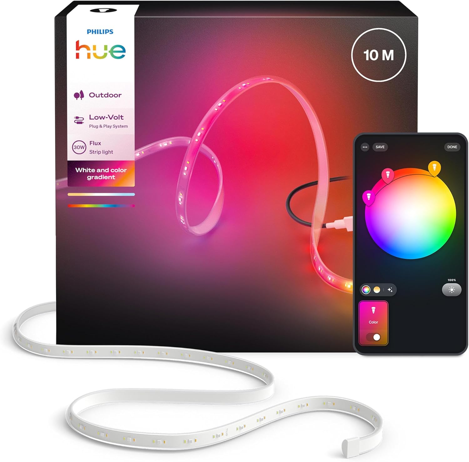 Philips Hue Flux Tira LED inteligente 10M, RGB, 1100 lm, iluminación exterior, tecnología Chromasync™, resistente al agua, baja tensión, control por app y voz, con Alexa