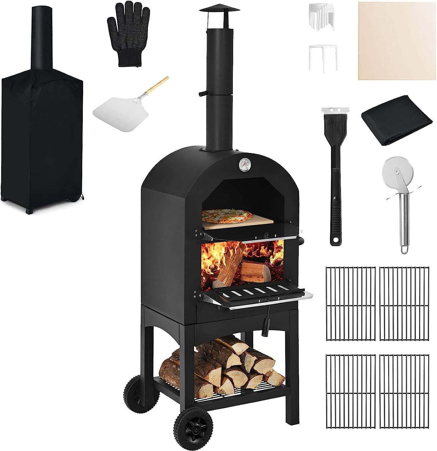 COSTWAY Horno de Pizza de Leña para Exterior, Parrilla de Pizza Independiente con 2 Ruedas, Cubierta Impermeable, Piedra de Pizza, Fabricante de Pizza Resistente para Patio, Porche, Terraza, Negro