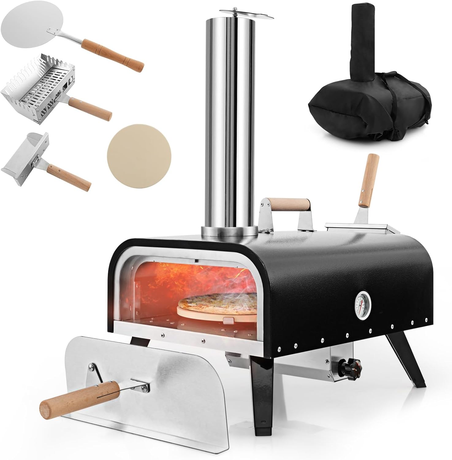COSTWAY Horno Pizza, Horno Pizza Leña y Carbón, Piedra para Pizza de 30 cm, Inoxidable de 3 Capas con Termómetro, Pala para Pizza y Bolsa de Transporte