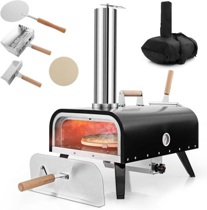 COSTWAY Horno Pizza, Horno Pizza Leña y Carbón, Piedra para Pizza de 30 cm, Inoxidable de 3 Capas con Termómetro, Pala para Pizza y Bolsa de Transporte