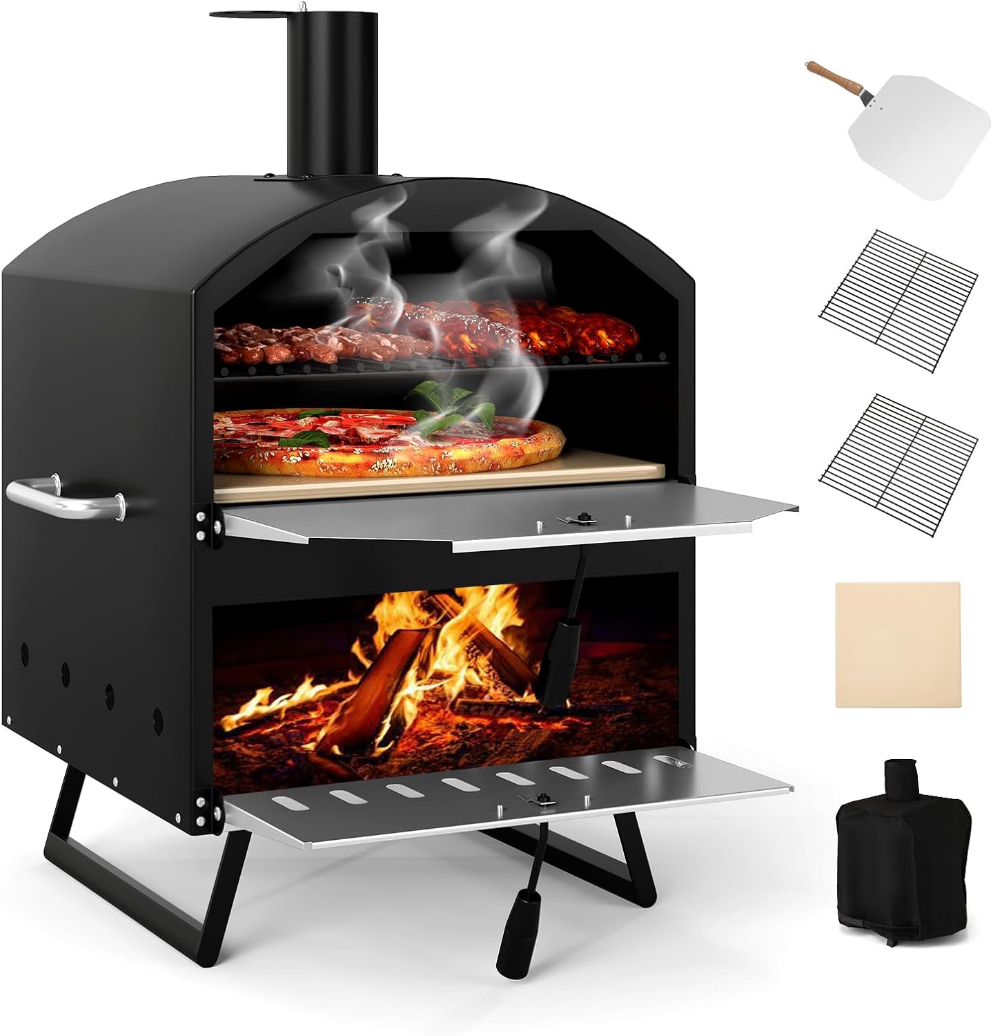 COSTWAY Horno Pizza, Horno Pizza Leña y Carbón 16 pulgadas, 2 Capas con Piedra Cuadrada, Portátil para Camping Jardín Fiesta de BBQ, 61 x 53 x 83 cm