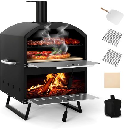 COSTWAY Horno Pizza, Horno Pizza Leña y Carbón 16 pulgadas, 2 Capas con Piedra Cuadrada, Portátil para Camping Jardín Fiesta de BBQ, 61 x 53 x 83 cm