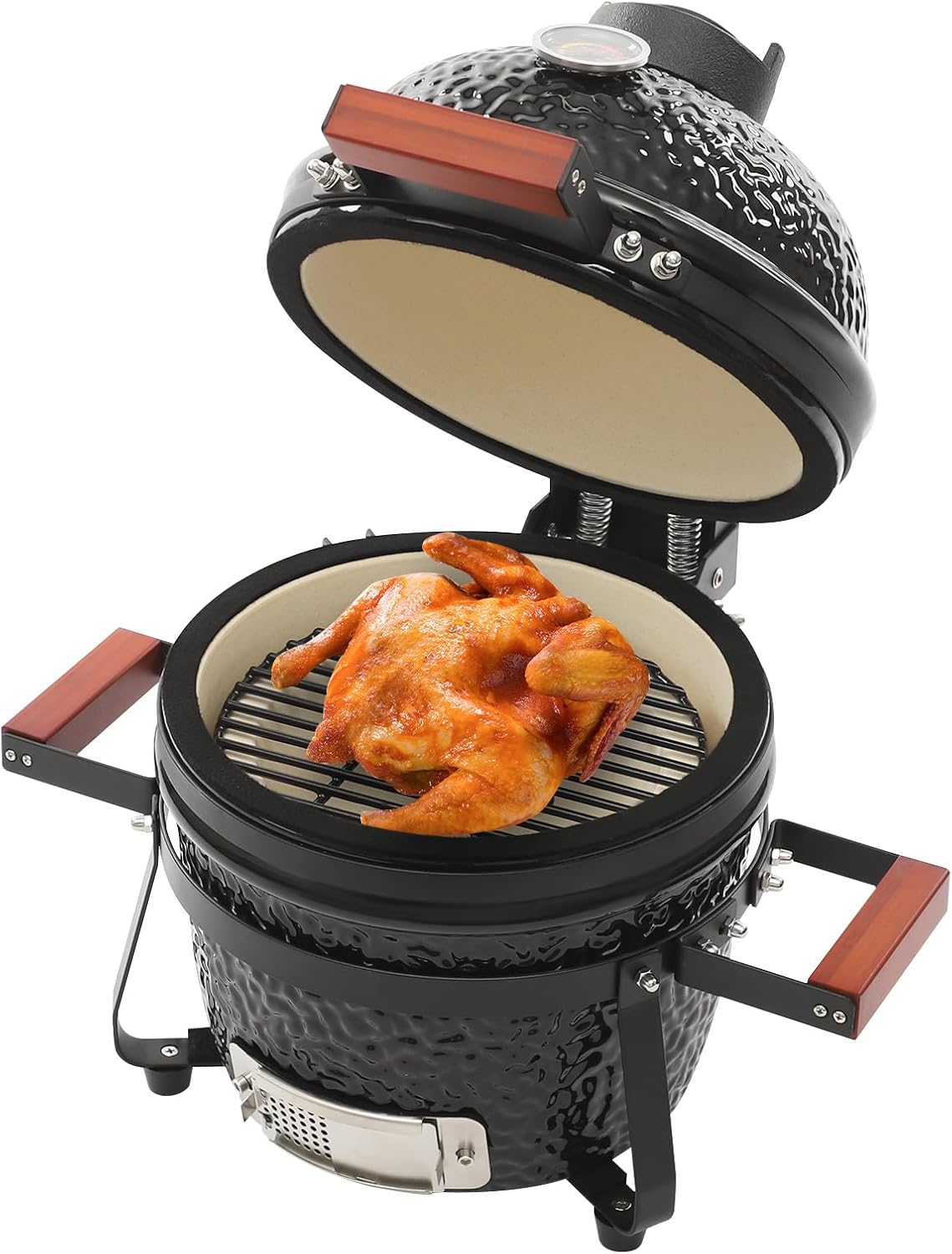 Barbacoa de cerámica de 13 pulgadas de carbón vegetal ahumador, barbacoa esférica para jardín, terraza y camping, resistente al calor 800 °F con termómetro, incluye asas de bambú y estructura de acero