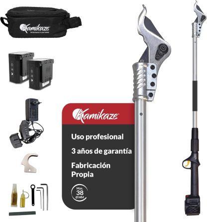KAMIKAZE KV155. Tijera Eléctrica en altura sin cables. Corte Ø 40 mm. Longitud pértiga 155 cm. Hasta 8 horas autonomía. Incluye dos baterías de litio recargables. Poda Eléctrica