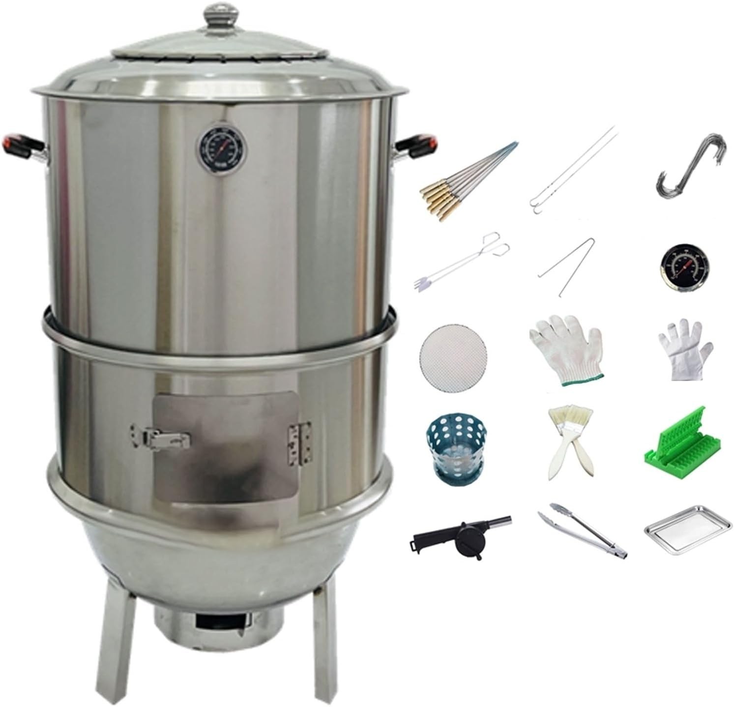 Ahumador Barril para Asar Carne Diámetro 80 Cm Fabricado en Acero Inoxidable Cocción 360° Con Termómetro Totalmente Lavable para Camping Jardín Parrillero(43 * 85cm)