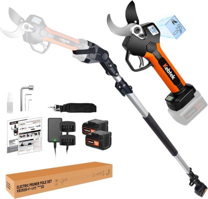Kebtek Tijeras de podar eléctricas profesionales con mástil de 40 mm, 18 V, juego de 2 piezas con baterías de litio de 2 Ah