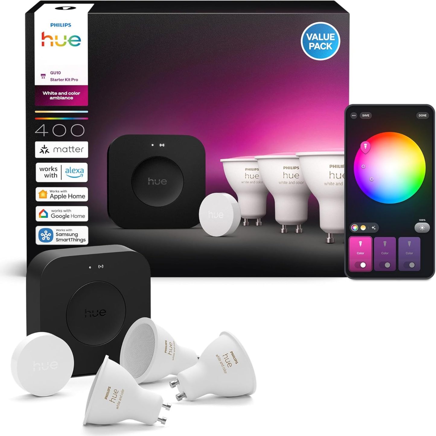 Philips Hue Kit Inicio Pro: Hue Bridge Pro + Smart button + 3 focos led inteligentes E27, Luz Blanca y Colores, funciona con Matter, Apple Home, Amazon Alexa, Google Assistant, Samsung SmartThings