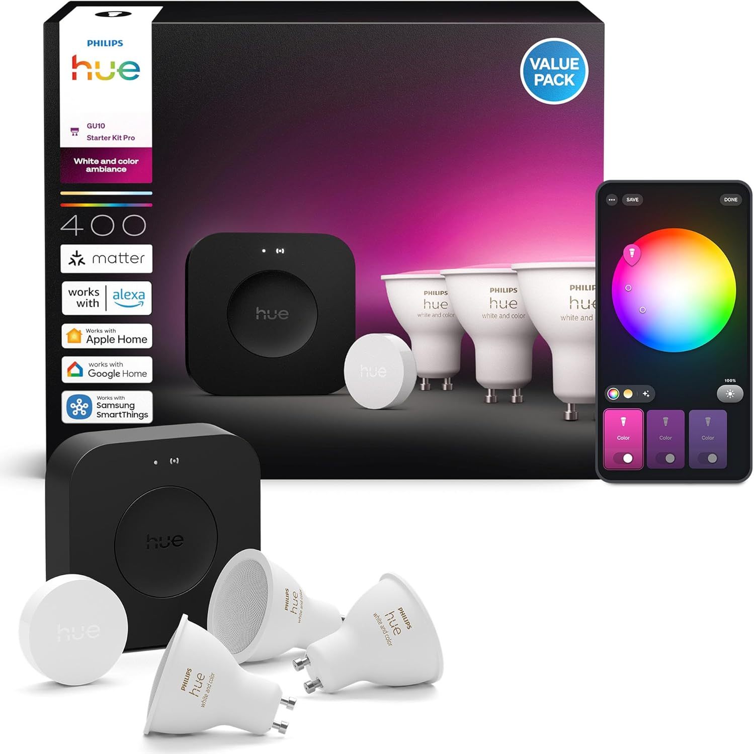 Philips Hue Kit Inicio Pro: Hue Bridge Pro + Smart button + 3 focos led inteligentes E27, Luz Blanca y Colores, funciona con Matter, Apple Home, Amazon Alexa, Google Assistant, Samsung SmartThings