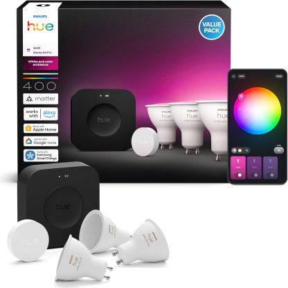 Philips Hue Kit Inicio Pro: Hue Bridge Pro + Smart button + 3 focos led inteligentes E27, Luz Blanca y Colores, funciona con Matter, Apple Home, Amazon Alexa, Google Assistant, Samsung SmartThings