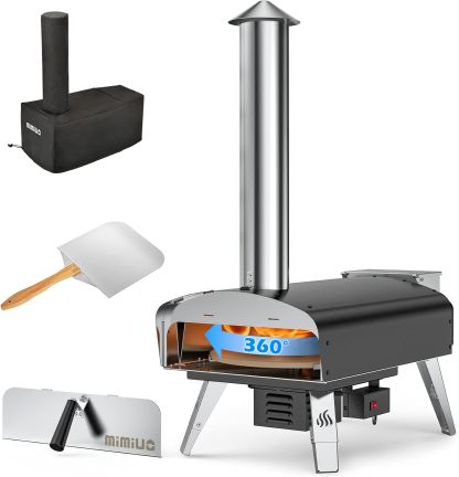 Mimiuo Horno Pizza con Pala y Piedra para Pizza, Horno Pellets Portáti Premium para El Jardín Exterior Patio con Sistema Automático de Grill Rotativo（Patente Global）