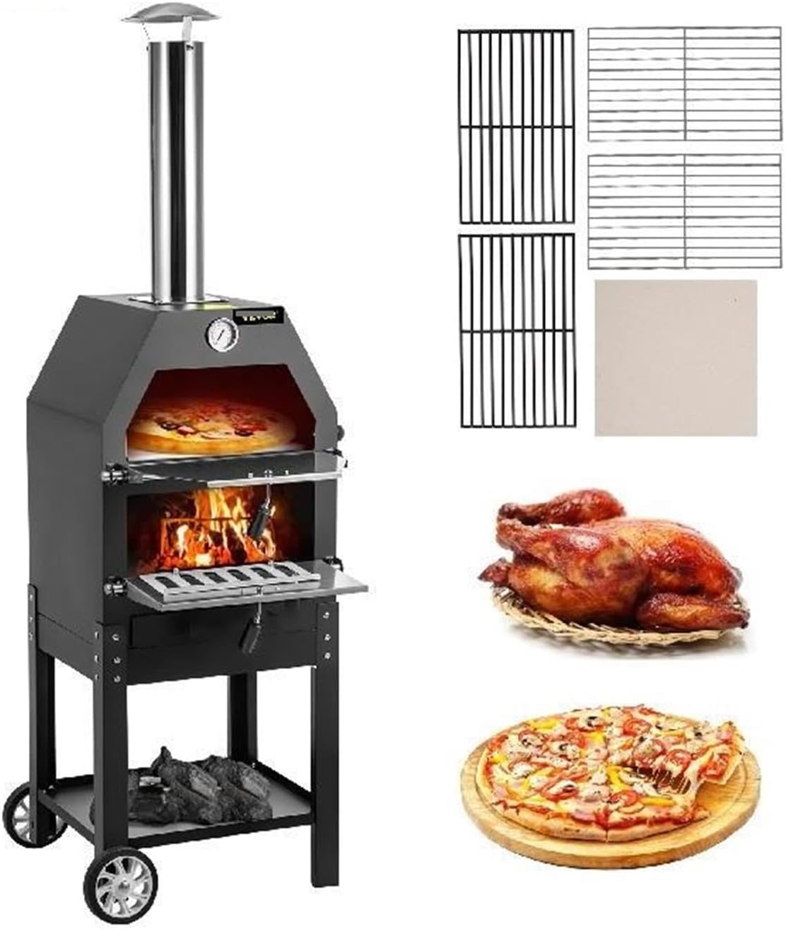 12quot;Horno de pizza frita leña con ruedas &Asa portátil 2 capas que ahorra mano obra for patio trasero, sitio camping, parque, horneado al aire libre Resistente a la Corrosión