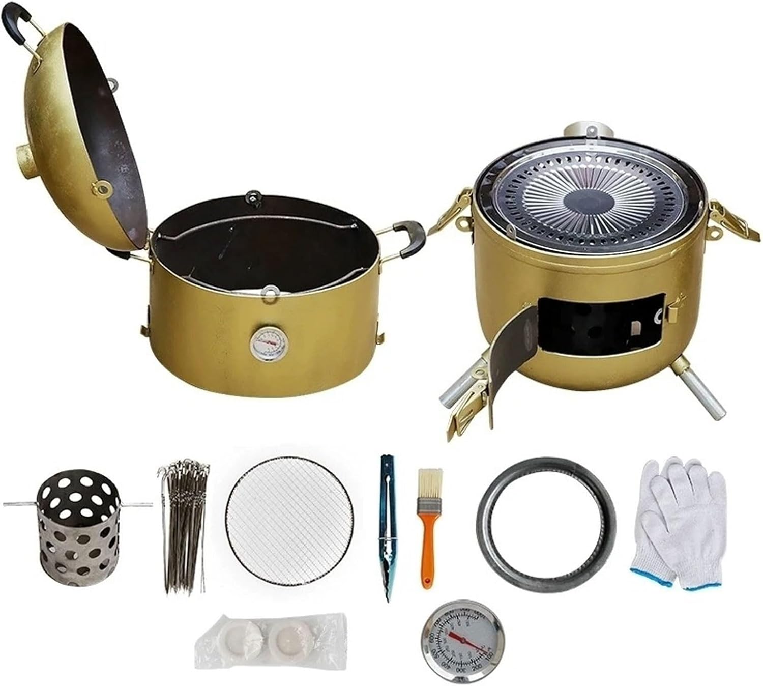 Barbacoa Portatil Barril Asador De Carne Asado Integral De 360° Fabricado en Acero Inoxidable Termómetro Y Salida De Aire 32 Cm De Diámetro Ahumar Y Cocinar Carnes