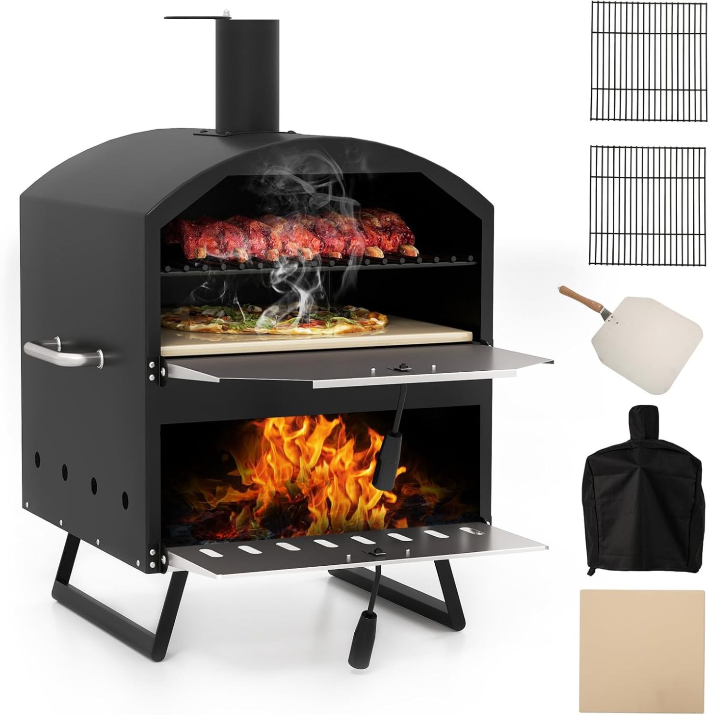 GOPLUS Horno de Pizza 16 Pulgadas Exterior, Horno de Pizza de Leña de 2 Capas con Piedra, Pala y Rejillas para Parrilla, Portátil con Patas Plegables y Cubierta, para Camping, BBQ, 61 x 53 x 83 cm