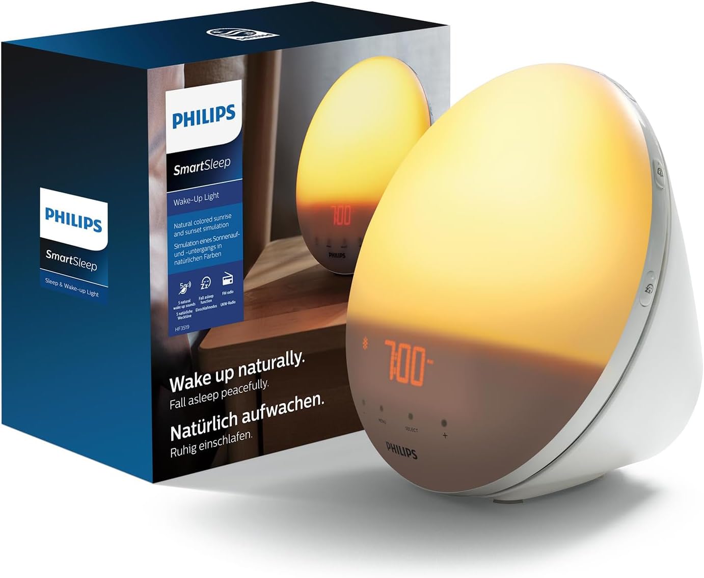Philips SmartSleep Wake-up Light – Luz de cabecera y despertador con USB, Simulación del amanecer de colores, 20 niveles de brillo, 7 sonidos naturales, Función de luz nocturna, Modelo HF3532/01
