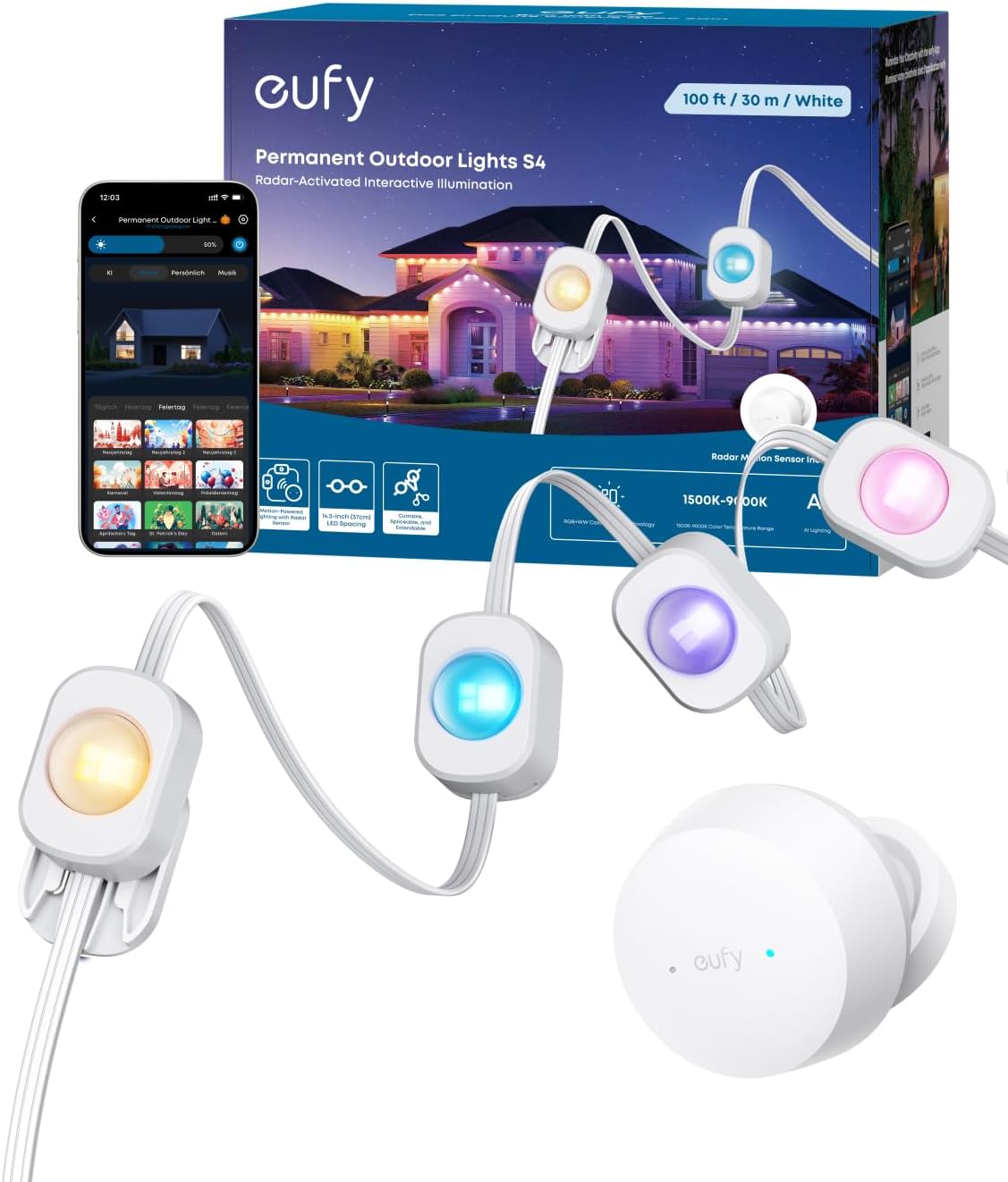 Guirnalda de luce para exterior eufy S4 30 m con 72 LED, illumination activator radar, resistencia IP67, illumination ambient con IA, control contaminant eufy, RGBWW inteligente