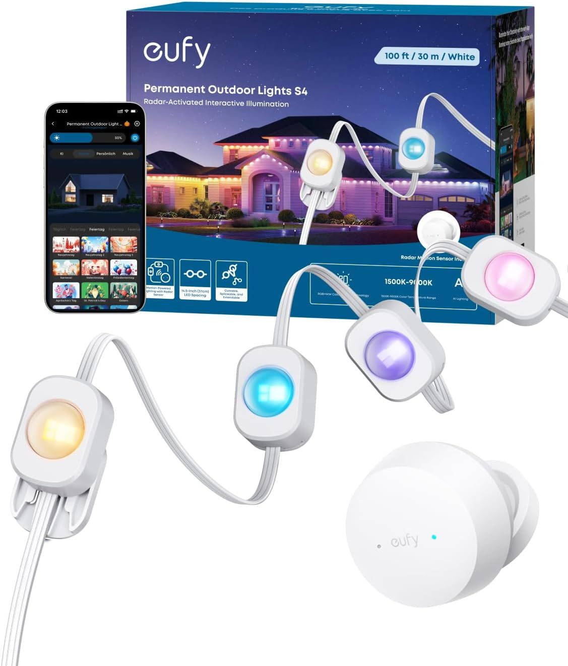 Guirnalda de luce para exterior eufy S4 30 m con 72 LED, illumination activator radar, resistencia IP67, illumination ambient con IA, control contaminant eufy, RGBWW inteligente
