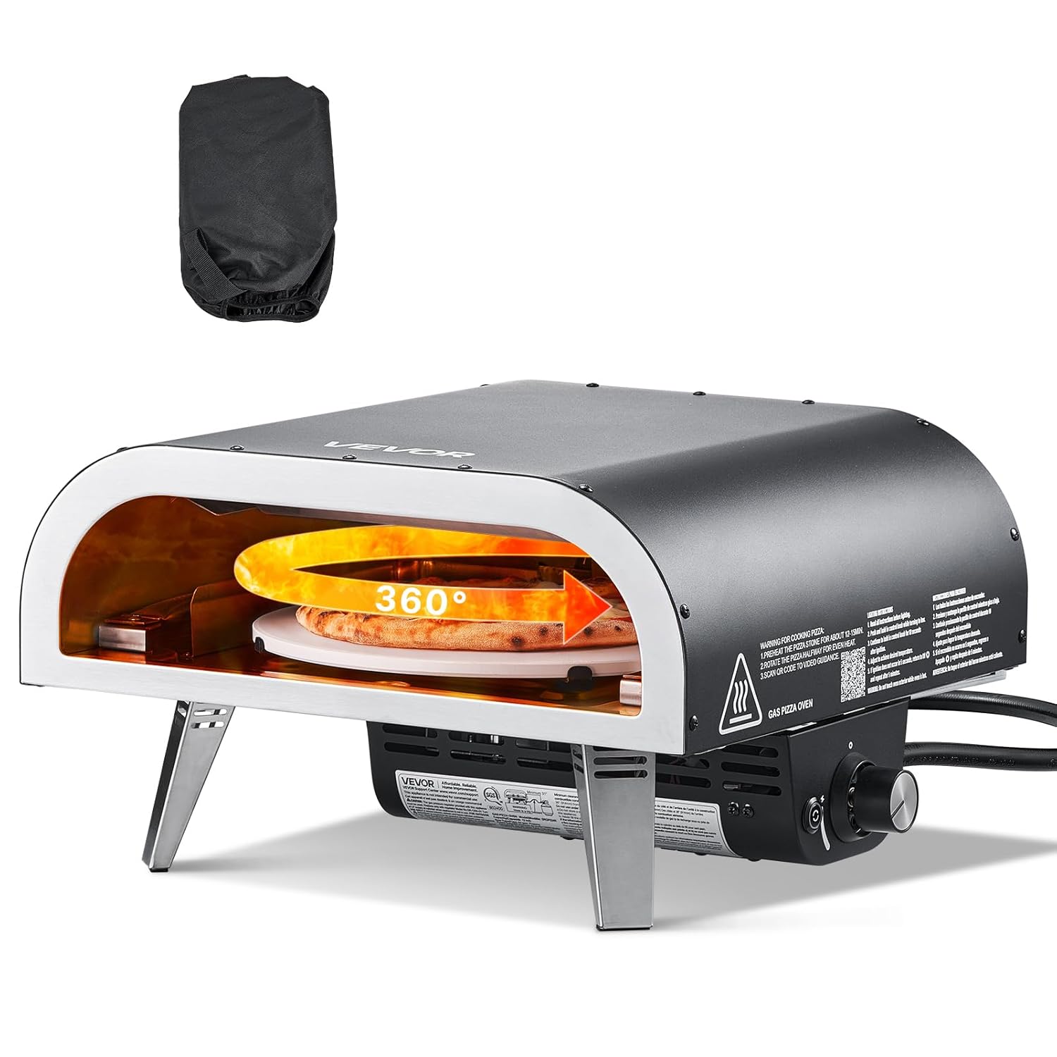 VEVOR Horno de Pizza para Exteriores, de Gas Propano, con Rotación Eléctrica y Piedra para Pizza Gruesa, Portátil, para Acampar, Jardín, Patio y con Bolsa de Transporte, Negro, 470 x 430 x 270 mm