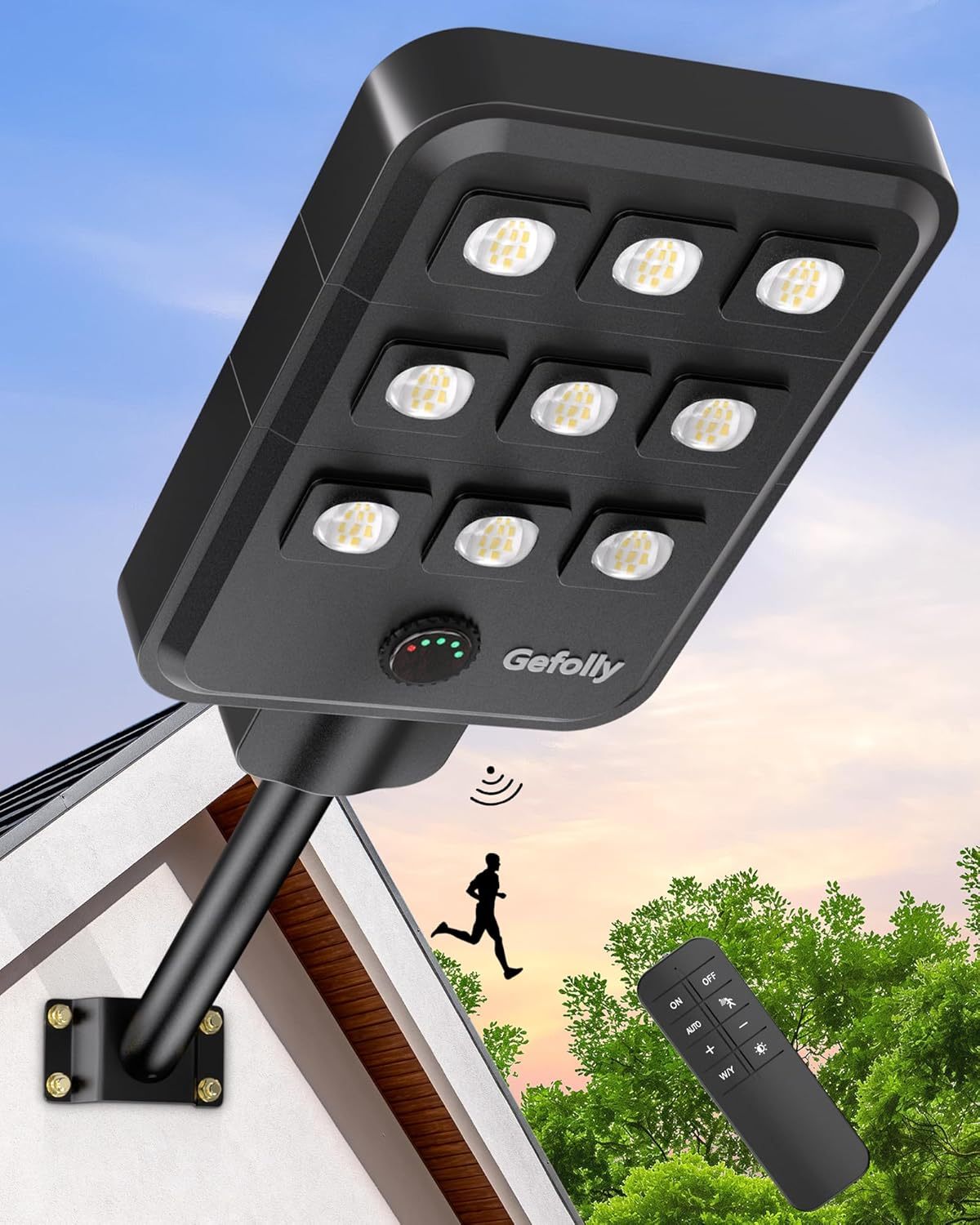 Gefolly G-9000W Farolas Solares Exteriores, 6500K Potente Farola Solar con Sensor de Movimiento & Mando a Distancia, IP67 Impermeable Foco Solar Luz de Seguridad para Jardín, Patio, Parcela