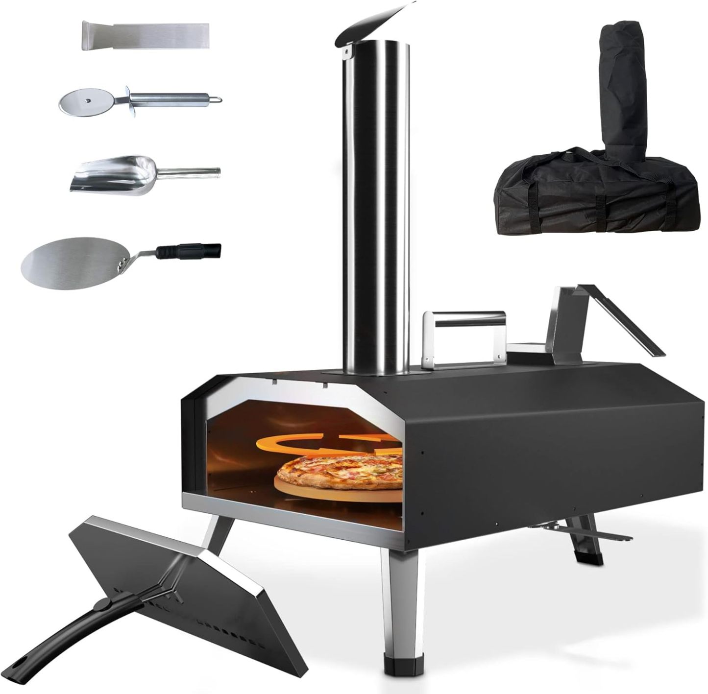 Horno de Pizza 12 Pulgadas: KitchenBoss Horno Leña de Pizza para Exteriores Temperatura Máxima 500 ℃ Horno Leña de Pizza Portátil para Camping Jardín Parque al Aire Libre Combustible Madera Carbón