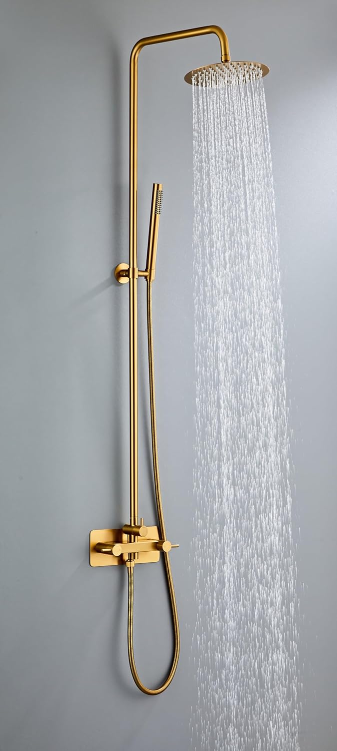 Juego de Columna de Ducha para Jardín en Acero Inoxidable | Grifo de Ducha Exterior con Termostato, Ducha de Lluvia y Función Anti-Cal | Agua Caliente y Fría | Fácil Instalación | Láton