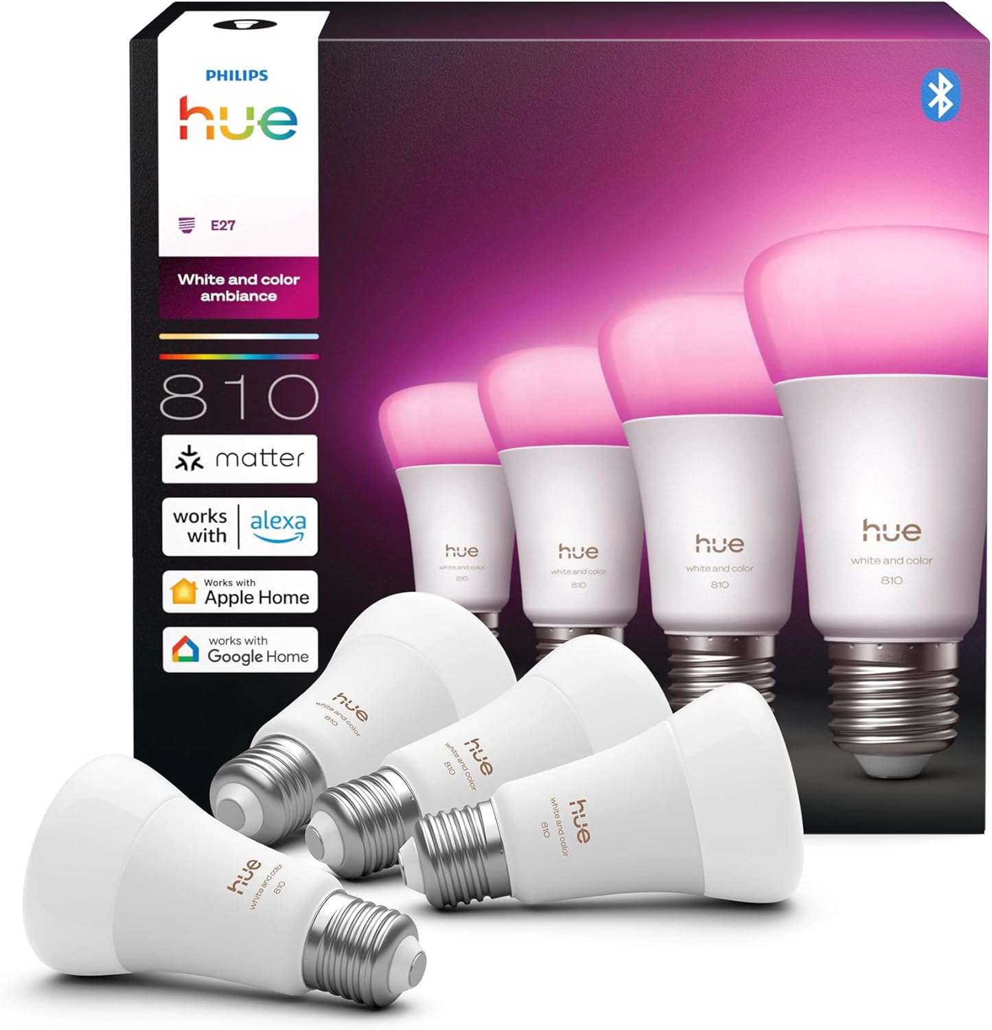 Philips Hue A60 Pack de Bombillas LED Inteligentes A60 (4 un), Luz blanca y de colores, E27, 6 W, luz de espectro completo 1000-20.000 K, 810 lm, regulable, Alexa, Google Assistant y Apple Home