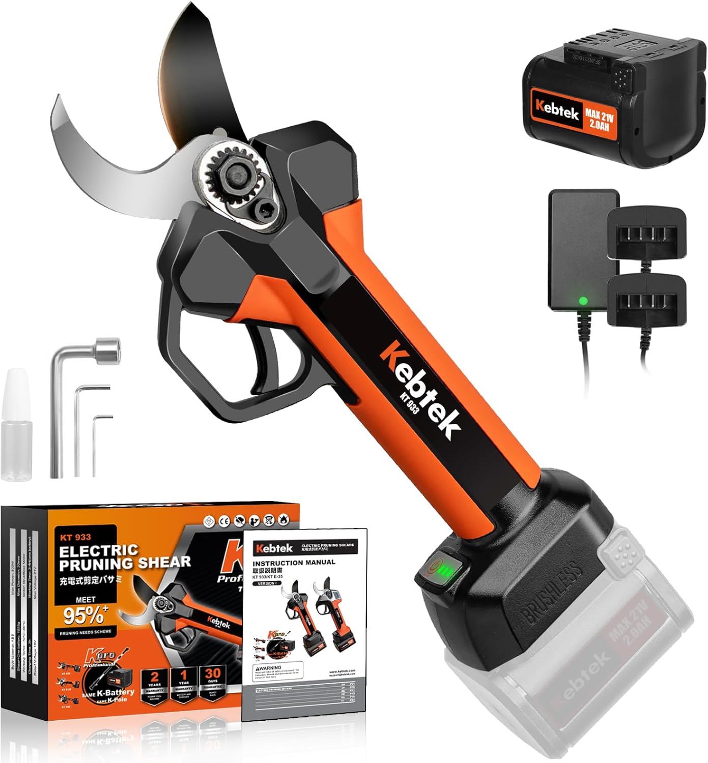 Kebtek Tijeras de Podar Electricas Bateria Profesional 33 mm, Cortadora de Ramas Inalámbrica, Motor Sin Escobillas (Li-Ion, 2000mAh 18V 2Ah, 1 batería y Cargador) (KT 933)