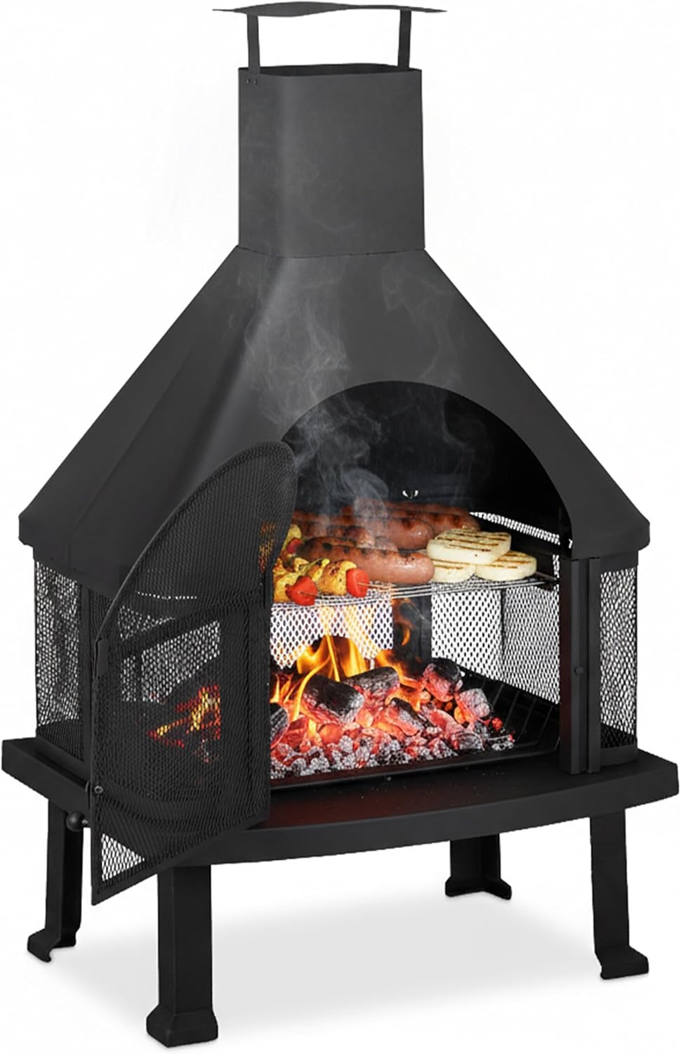 Relaxdays Chimenea exterior con parrilla, Protección contra chispas, Atizador, Acero, 110 x 63 x 51 cm, Negro