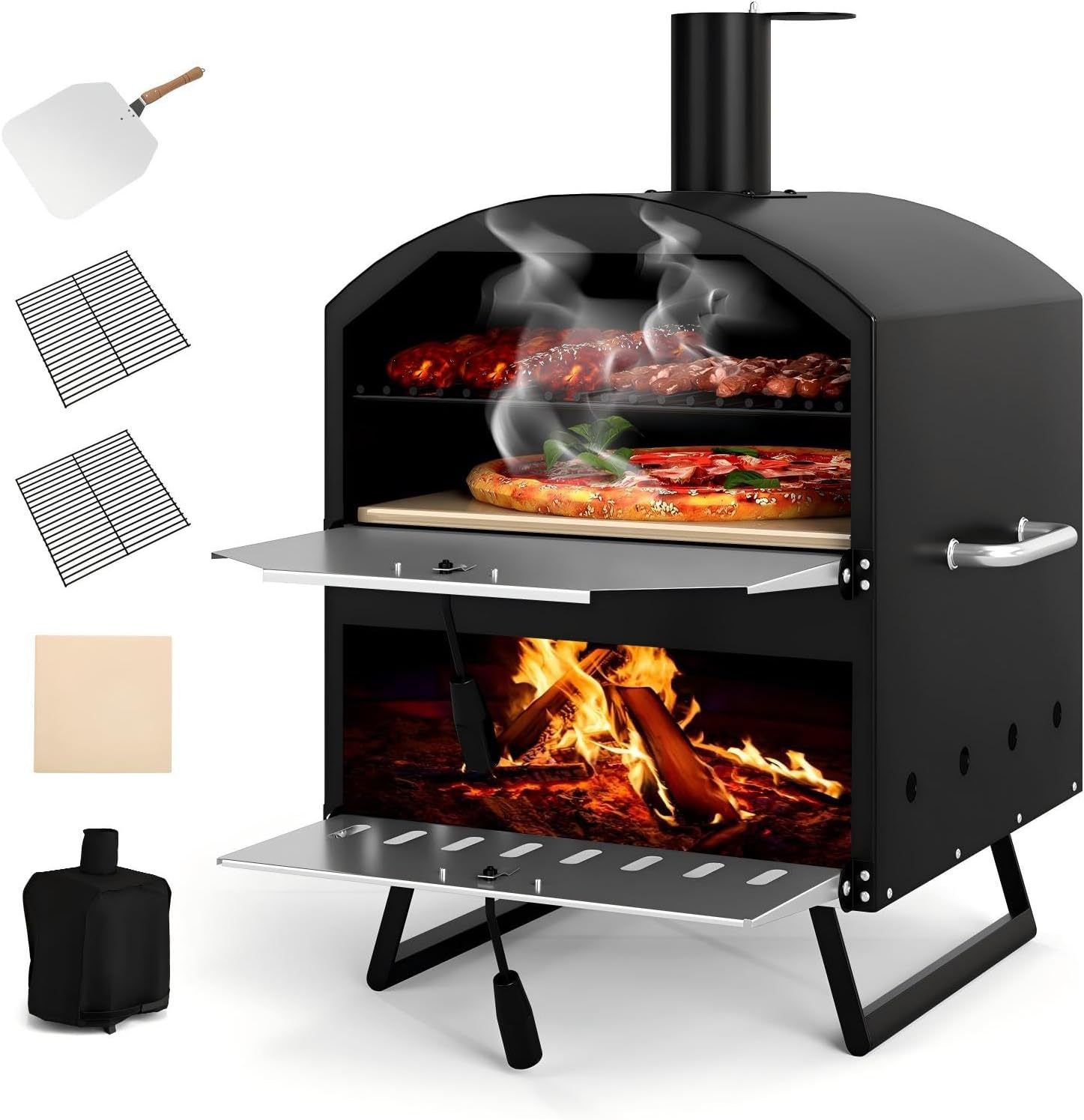 KOMFOTTEU Horno de Pizza para Exterior con 2 Capas, Horno de Leña y Carbón 16 Pulgadas con Piedra para Pizza, Pala para Pizzas, Rejilla, Funda Protectora, Portátil para Barbacoa, Camping, Fiesta