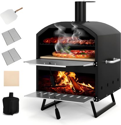 KOMFOTTEU Horno de Pizza para Exterior con 2 Capas, Horno de Leña y Carbón 16 Pulgadas con Piedra para Pizza, Pala para Pizzas, Rejilla, Funda Protectora, Portátil para Barbacoa, Camping, Fiesta