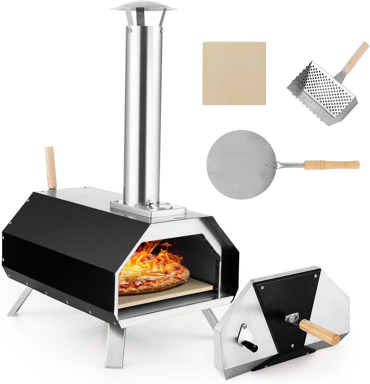 KOMFOTTEU 12" Horno de Pizza para Exterior, Horno de Leña Portátil con Piedra para Pizza, Pala de Pizza, Termómetro y Patas Plegables, Horno Pizzero de Acero Inoxidable para Barbacoa, Camping