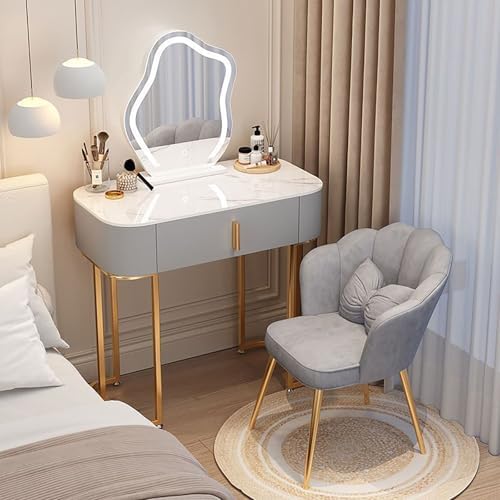 Escritorio de maquillaje con luces LED, espejo abatible y taburete rodante, tocador de madera gris con cajones para el hogar y el dormitorio-Sofagethut