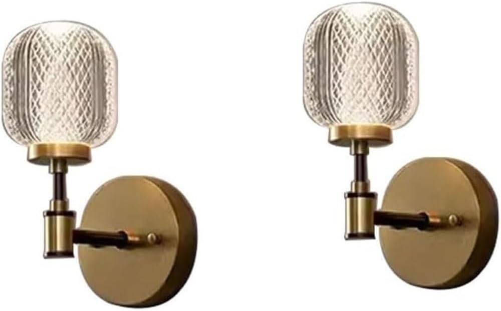 Aplique pared nórdico retro latón cepillado con pantalla vidrio acanalado, lámpara pared acogedora for el hogar, lámpara pared interior regulable 3 colores for baño, mesita noche, sala estar.(2PACK)-Sofagethut