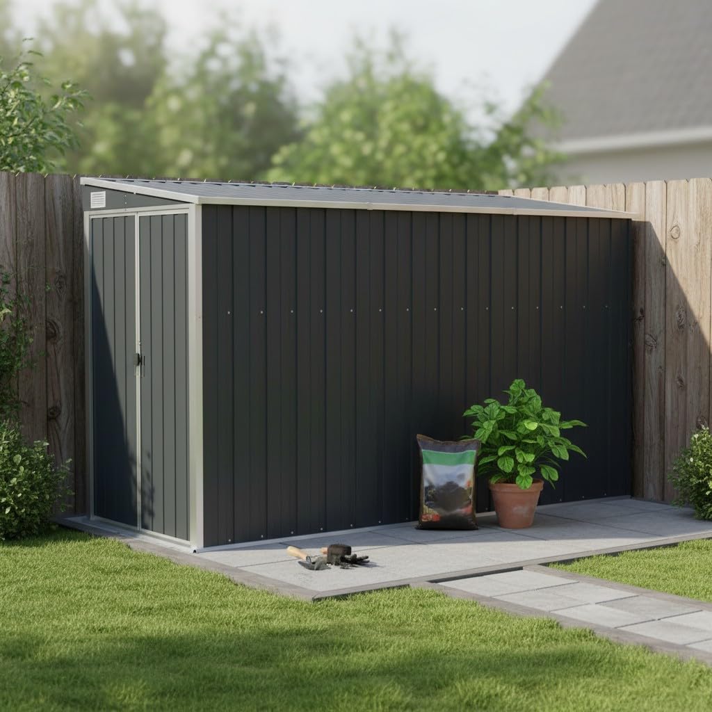 Caseta adosada Antracita, 118x288x178 cm, de Acero galvanizado, caseta de jardín metálica con Suelo, fijada a la Pared, cobertizo para Herramientas y Muebles de jardín.-Sofagethut