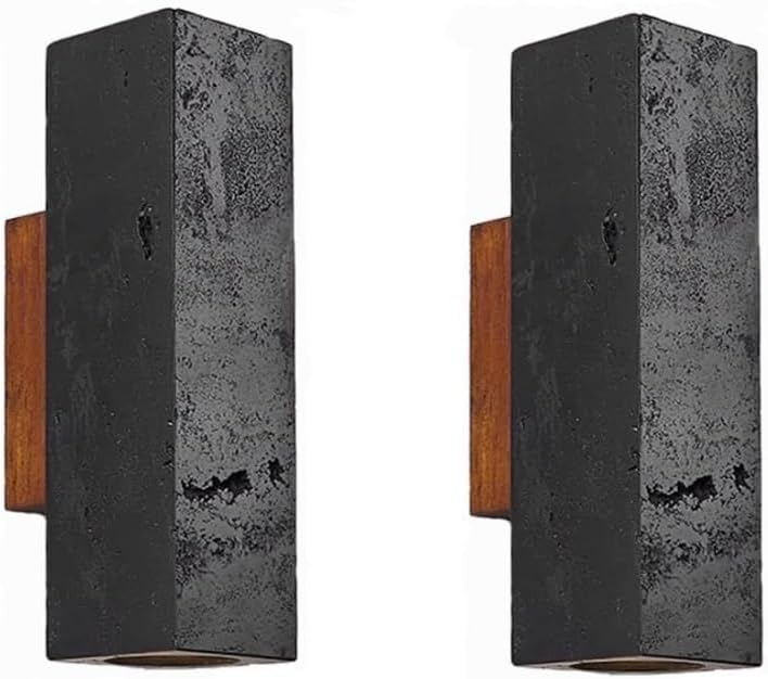 Aplique pared moderno japonés cúbico travertino. Diseño minimalista con pantalla piedra negra/gris y base madera. Lámpara pared decorativa travertino for interiores,(Dark,2pack)-Sofagethut