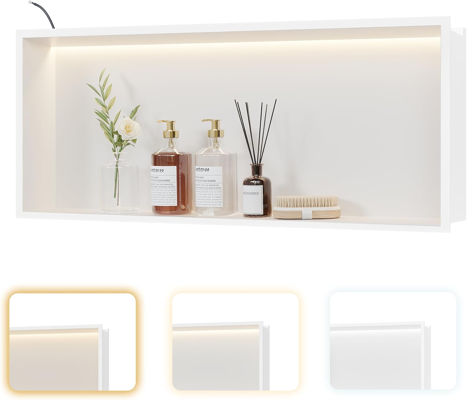 Nicho de pared de acero inoxidable con iluminación LED, color blanco, estante individual empotrable, nicho con ajuste de temperatura de color, almacenamiento para baño, 75 x 30 cm-Sofagethut