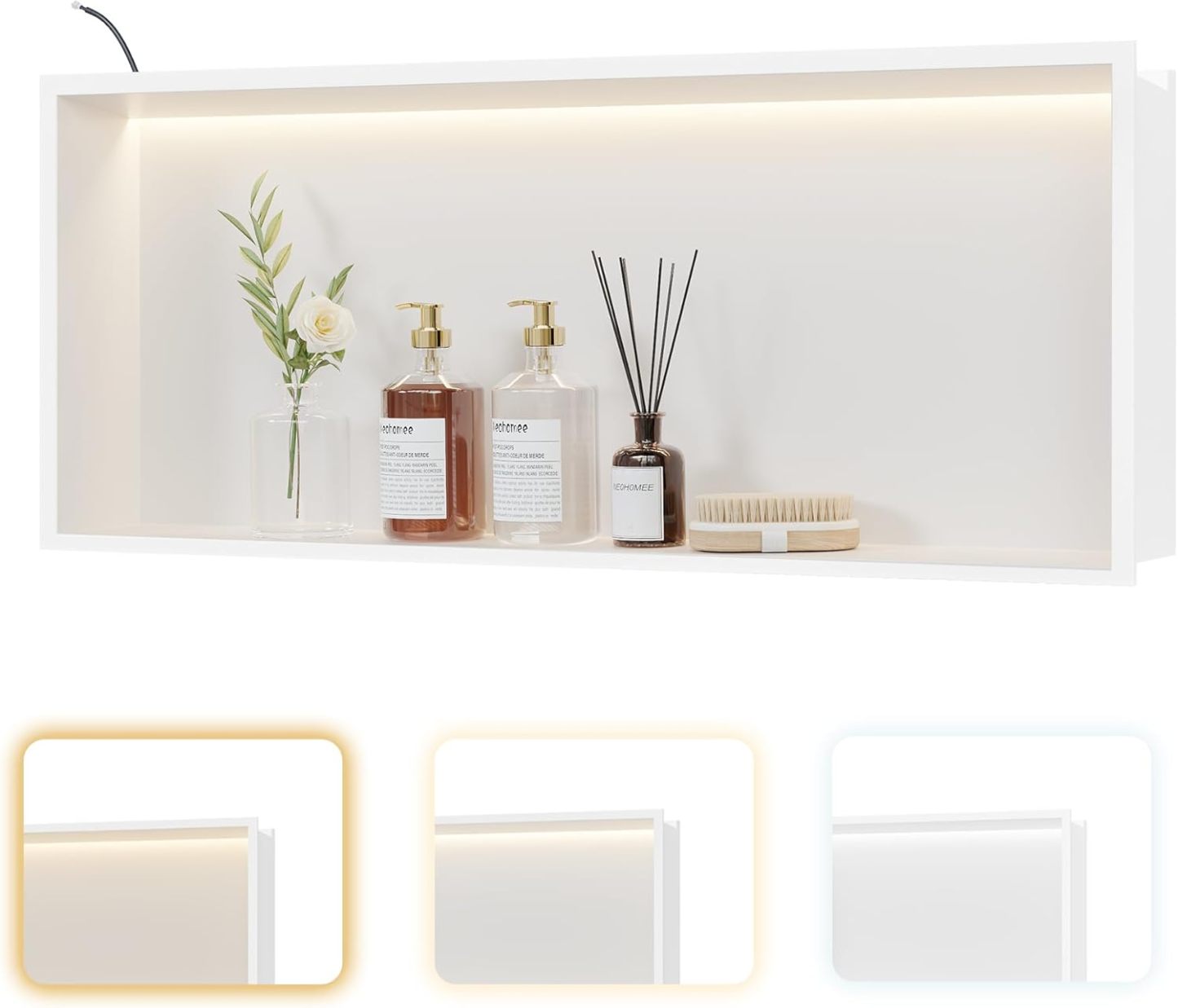 Nicho de pared de acero inoxidable con iluminación LED, color blanco, estante individual empotrable, nicho con ajuste de temperatura de color, almacenamiento para baño, 75 x 30 cm-Sofagethut