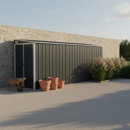 Caseta adosada Color Antracita, 118x382x178 cm, Acero galvanizado, Refugio para Exterior con Amplio Espacio de Almacenamiento, casa contenedor para Vivienda, Herramientas y Muebles de jardín.-Sofagethut