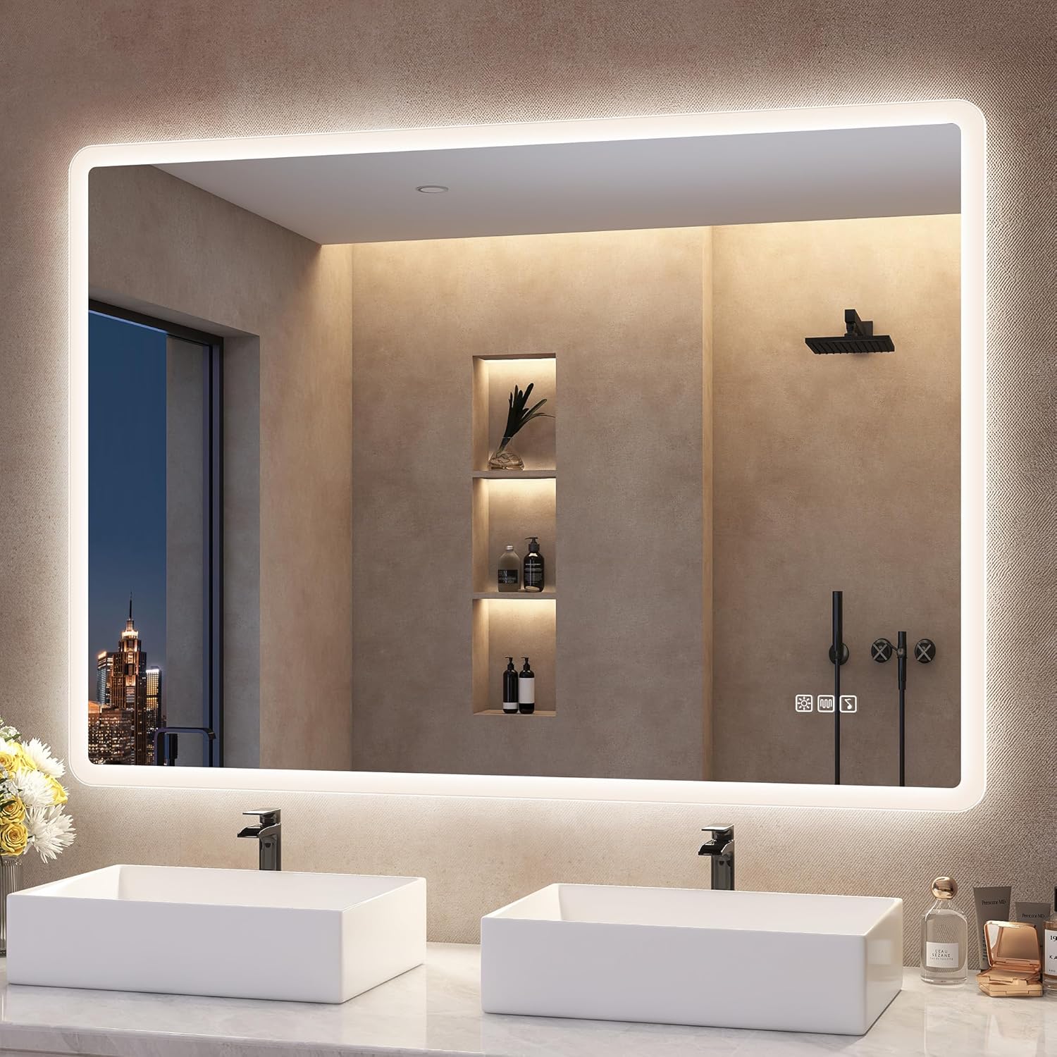 S'bagno Espejo-Baño-con-Luz 100x70cm, Espejo-Baño-Led-Bluetooth, Antivaho, 3 Colores, Regulable, Memoria, Vidrio Templado HD, Resistente Al Agua IP44, Vertical/Horizontal-Sofagethut