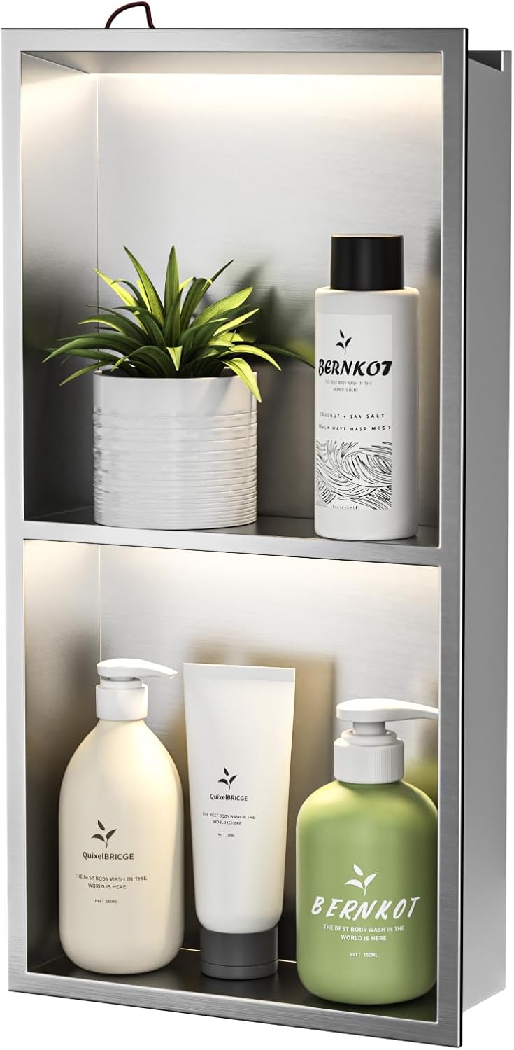 Nicho de Pared de Acero Inoxidable con LED, Empotrado, Estante de Ducha de Dos Capas, nicho de Pared para baño, nicho de Ducha, 60 cm x 30 cm, no Requiere Azulejos, Color Plateado-Sofagethut