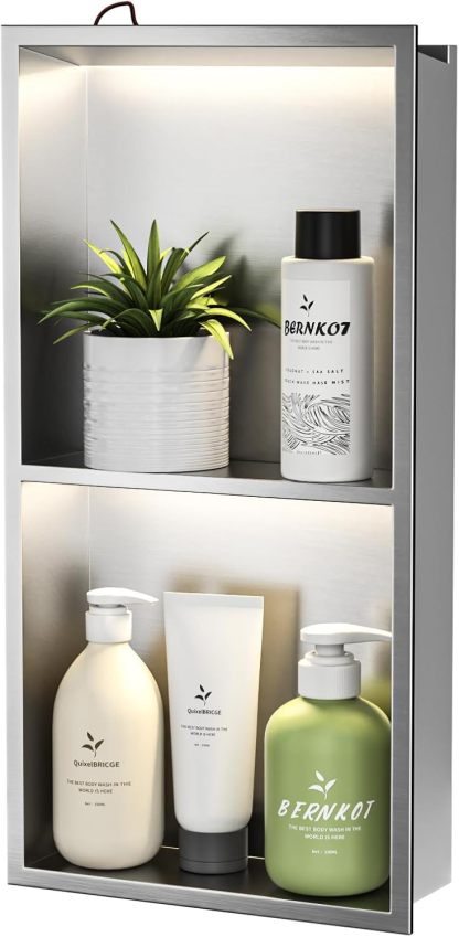 Nicho de Pared de Acero Inoxidable con LED, Empotrado, Estante de Ducha de Dos Capas, nicho de Pared para baño, nicho de Ducha, 60 cm x 30 cm, no Requiere Azulejos, Color Plateado-Sofagethut