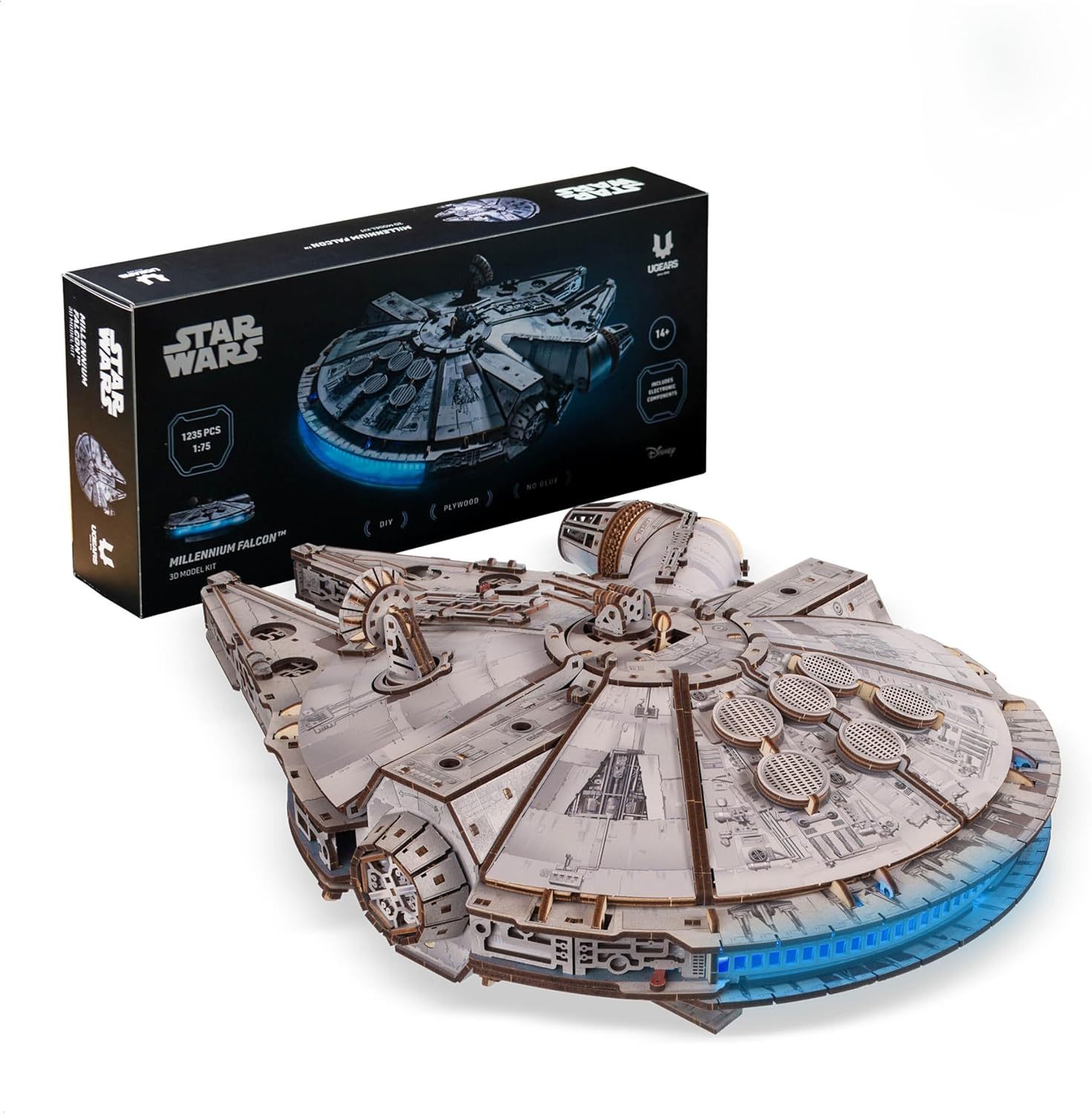 UGEARS Star Wars Millennium Falcon Puzzle 3D – Regalos Star Wars para Hombres – Maqueta de Madera para Adultos – Puzzle de Madera 3D con Luces LED – 1235 Piezas-Sofagethut