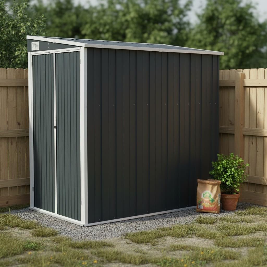 Caseta adosada Color Antracita, 118x194x178 cm, Acero galvanizado, Refugio de Madera para Exterior montado en la Pared, casa contenedor para Vivienda, Equipo y Herramientas de jardinería.-Sofagethut