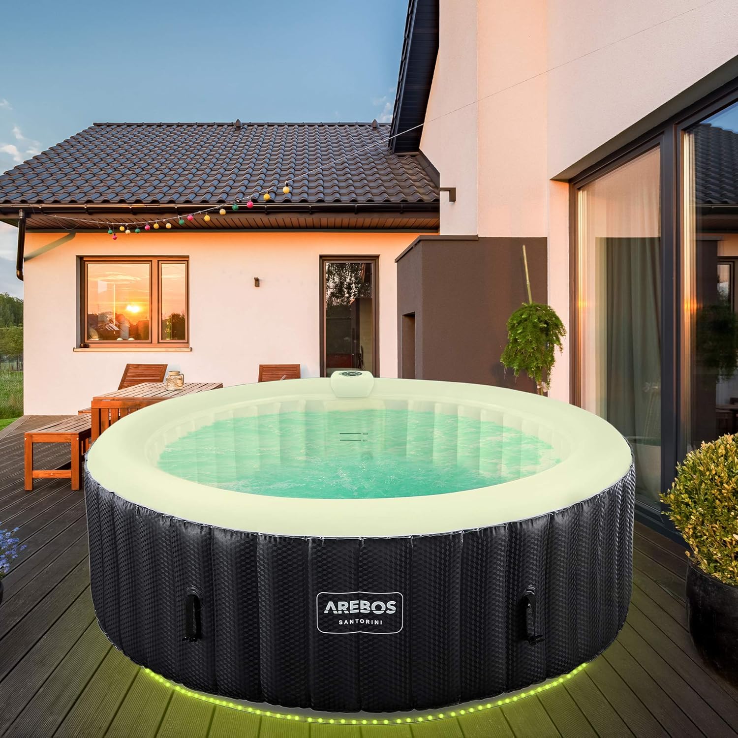 Arebos SPA Hinchable | Inflable automático | para Interior y Exterior | ⌀ 208 cm | 6 Personas | Banda Luminosa LED | 130 boquillas de Masaje | 1000 L | Incluye Cubierta | Bubble SPA & Wellness Masaje-Sofagethut