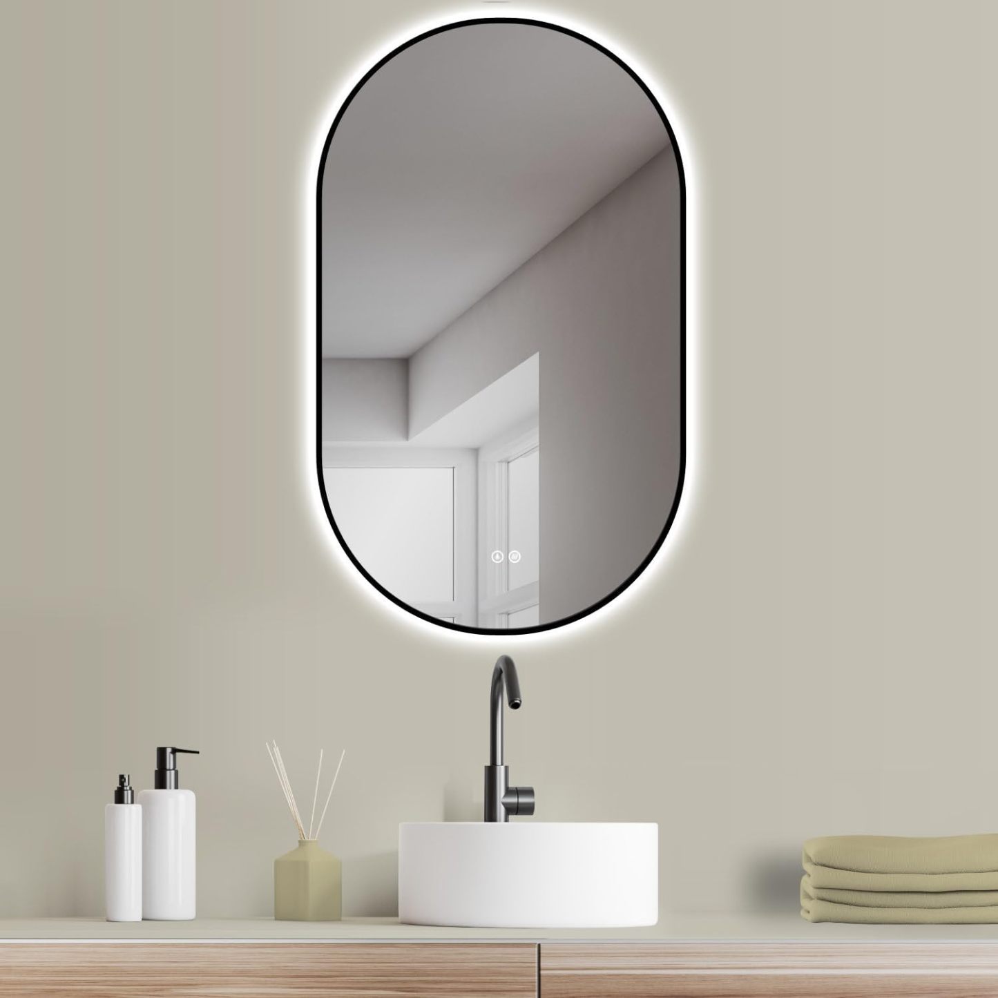 HOKO® Design LED ANTIBACTION Espejo Ovalado 60 x 100 cm + Marco de Metal Negro. Montaje Top + QUADRIDGE. Interruptor de 2 Botones + Cambio de luz LED - Blanco cálido - Blanco frío - Neutro...-Sofagethut