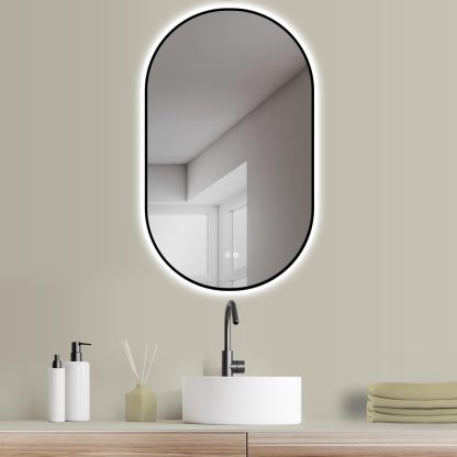 HOKO® Design LED ANTIBACTION Espejo Ovalado 60 x 100 cm + Marco de Metal Negro. Montaje Top + QUADRIDGE. Interruptor de 2 Botones + Cambio de luz LED - Blanco cálido - Blanco frío - Neutro...-Sofagethut
