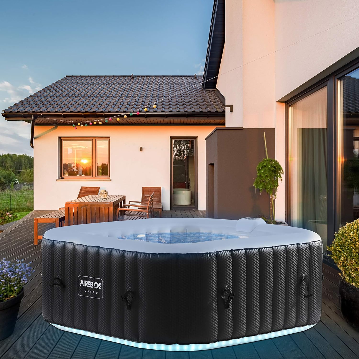 Arebos SPA Hinchable Piscina de hidromasaje con iluminación LED | 154x154cm | 6 Colores | Hinchable | Cuadrada | para Interior y Exterior | 4 Personas | 130 chorros de Masaje | 600 L-Sofagethut