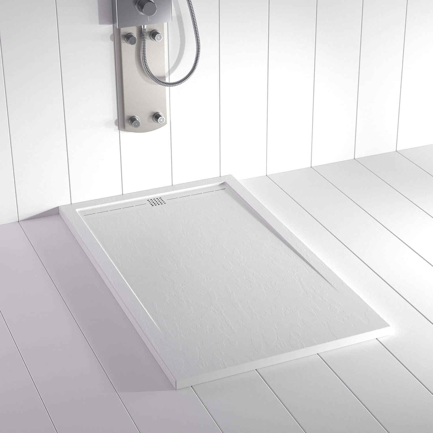Plato de ducha Resina FLOW Blanco RAL 9003 (con rejilla color)- 80x120 – Textura Pizarra – Antideslizante – Incluye rejilla y sifón-Sofagethut