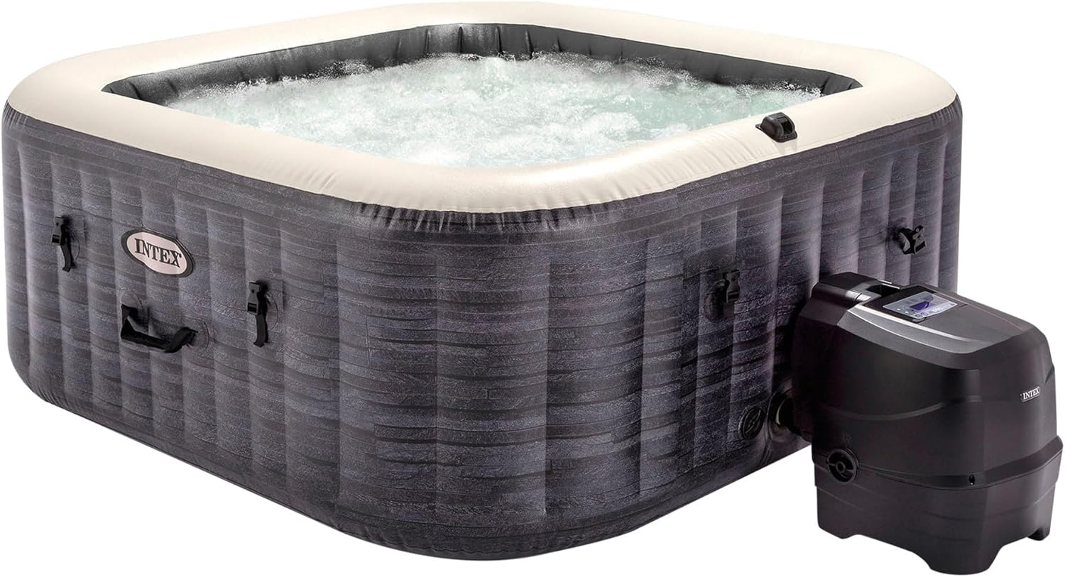Intex Spa hinchable cuadrado Greystone Deluxe 4 personas, 175x175x71 cm, Calentador 2.200 W, Burbujas aire caliente, Clorador salino, Depuradora con filtro S2 (1.741 l/h), Accesorios incluidos (55093)-Sofagethut