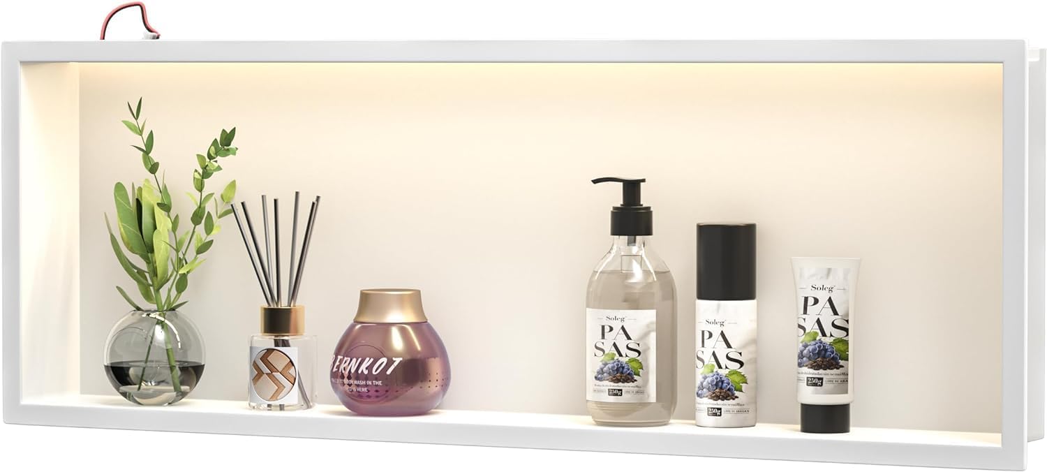 Ducha de pared de acero inoxidable con LED, estante de ducha empotrada, doble capa, nicho de baño, 60 cm x 30 cm, sin necesidad de baldosas, color negro-Sofagethut